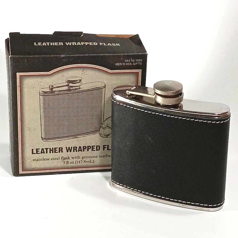 Flask Stainless Steel Leather Wrapped Holds 5 Oz.